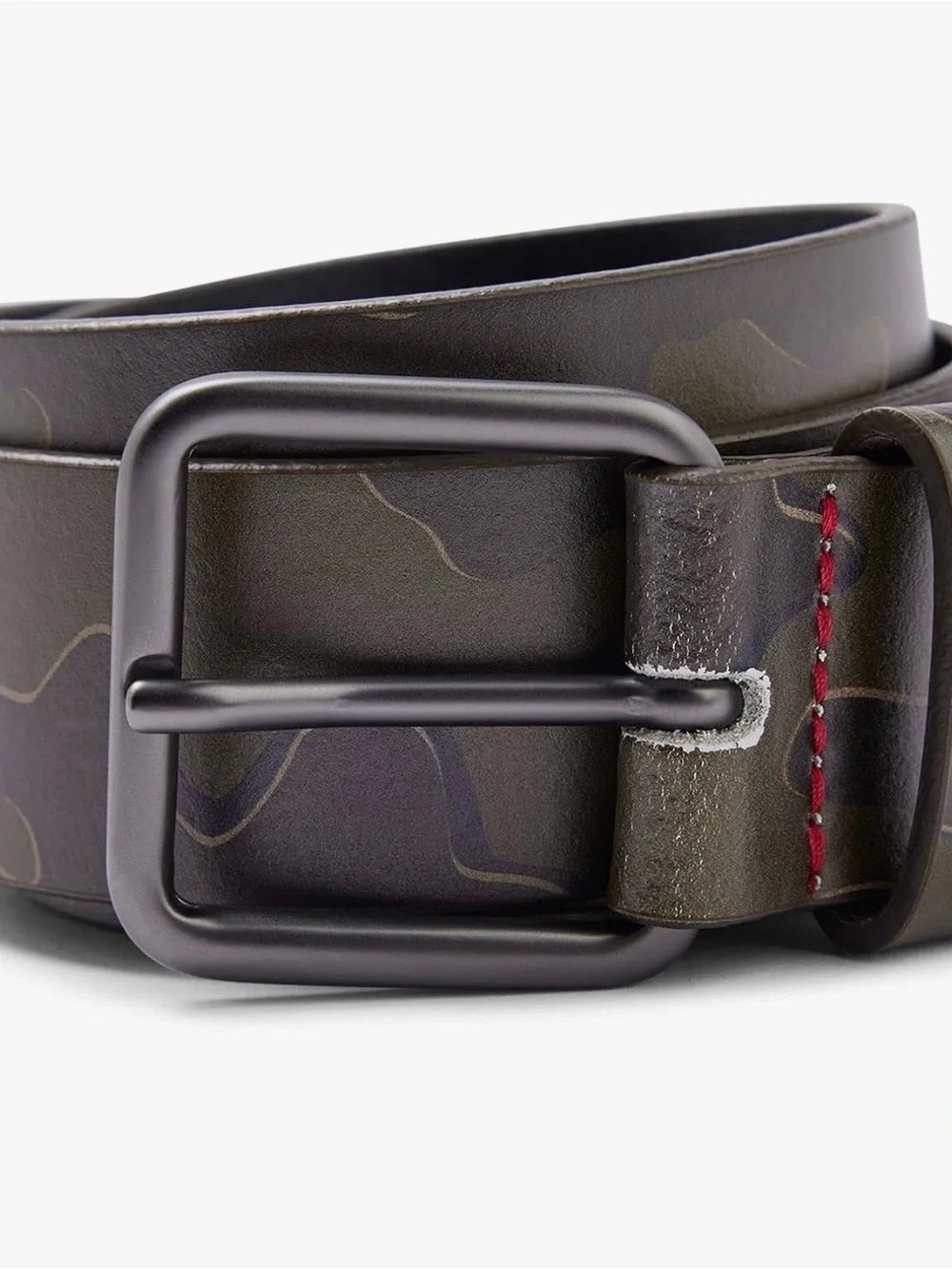 HUGO Brown Camouflage Leather Belt with Red Stitching